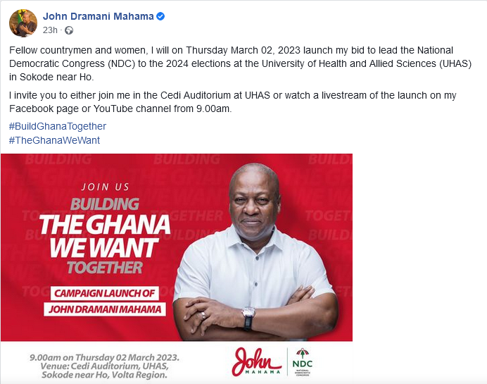 Mahama To Launch His Campaign On March 2