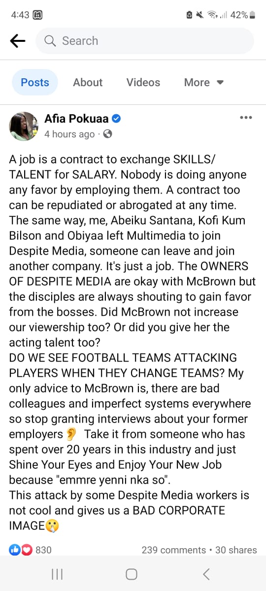 Afia Pokuaa Blasts Despite Workers Attacking McBrown For Resigning From UTV To Join Onua TV