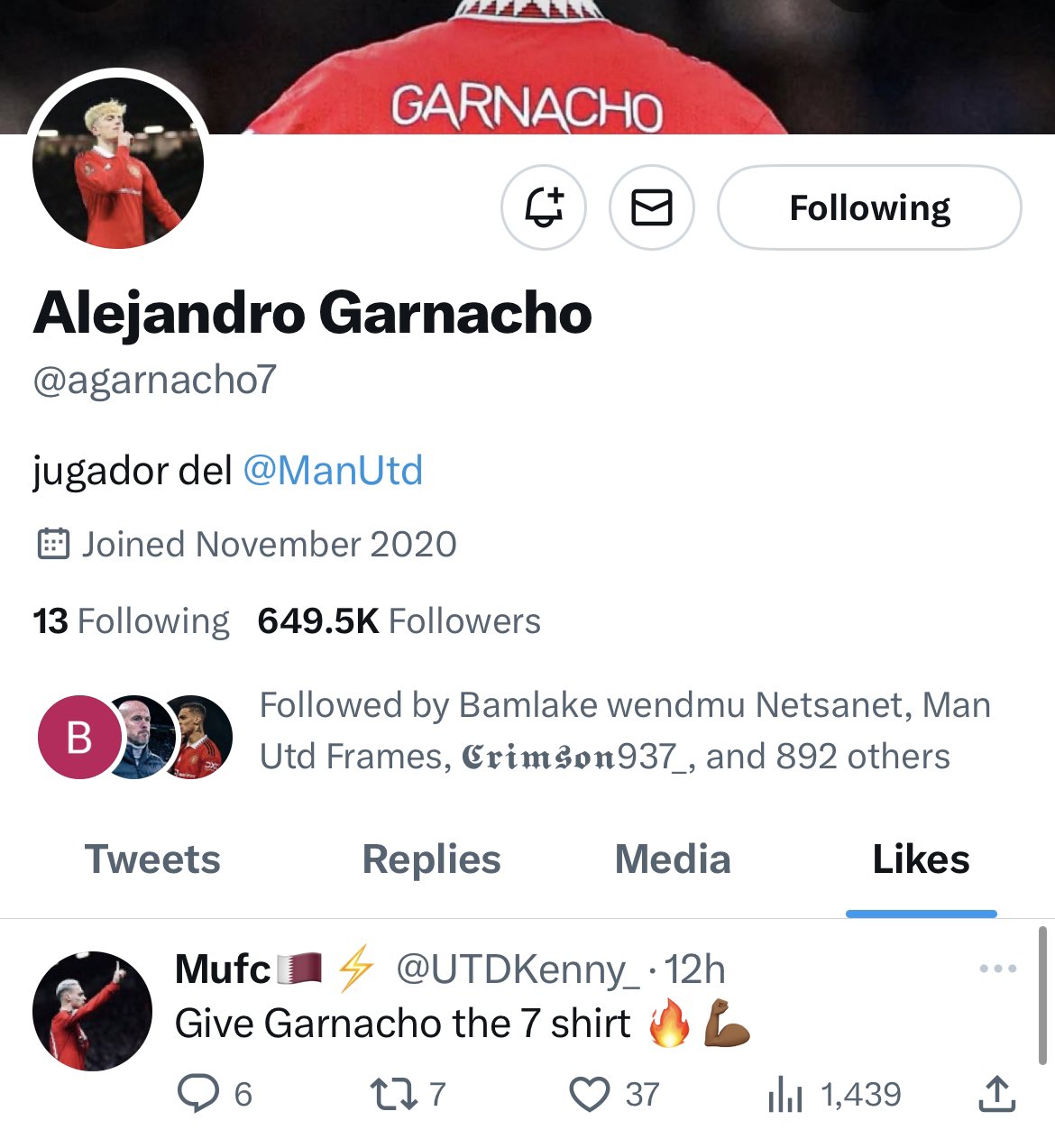 Garnacho Wants Manchester United Number 7 Shirt After Contract Renewal