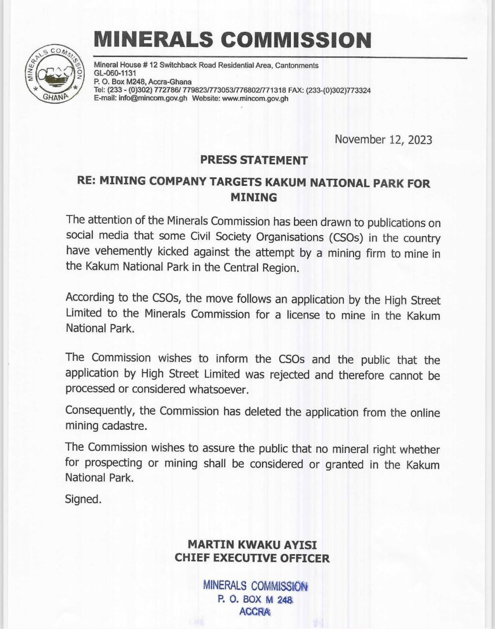 Minerals Commission rejects application by High Street Limited to mine in Kakum National Park